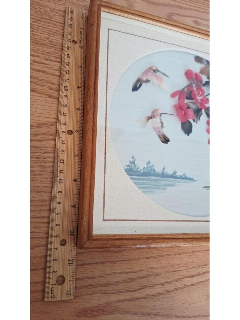 CAC VTG Feather Art Hummingbird Shadow Box 3D Mexican Folk Art Framed 10x10 - Picture 13 of 14